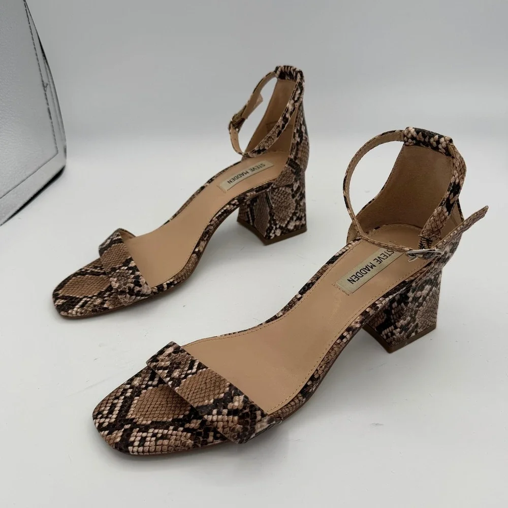 Steve Madden Maris Sandals Women 9.5 Good‎ Brown Snakeskin Print Block Heel